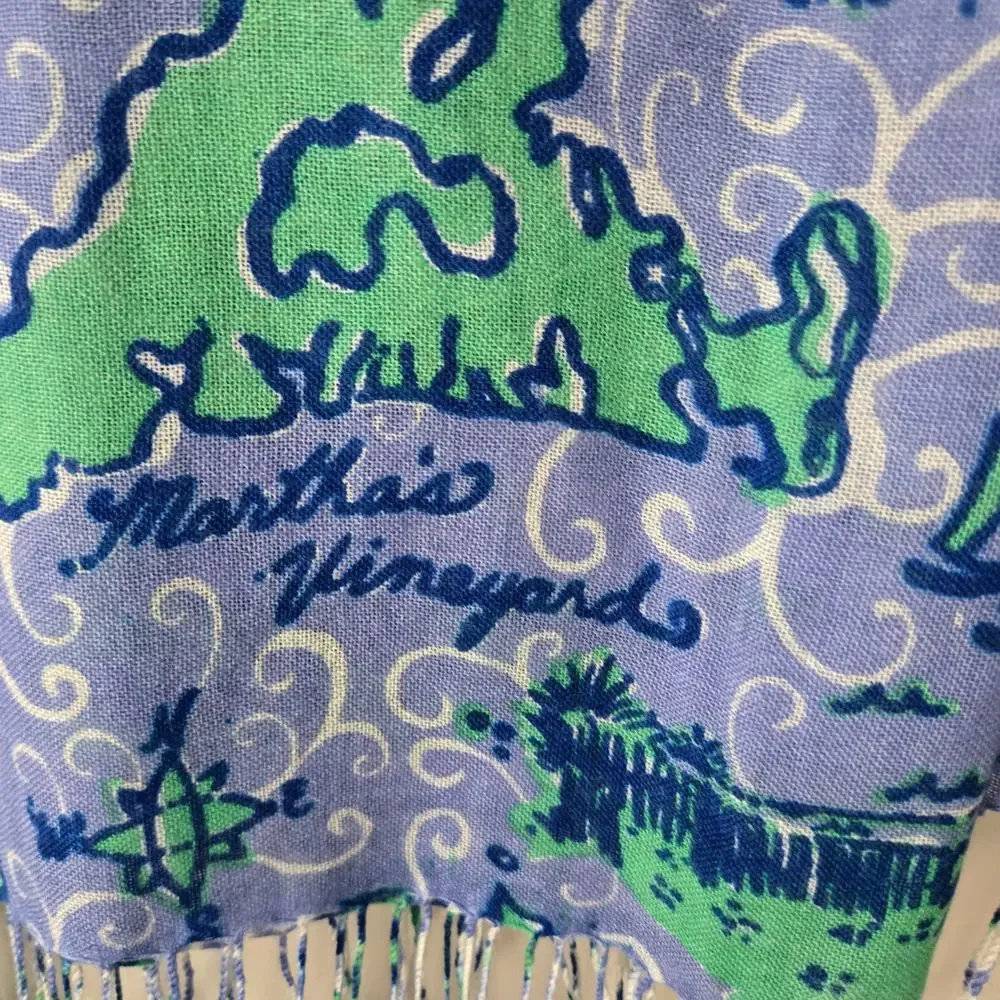 Lilly Pulitzer Retired Murfee Scarf Nantucket Islands Blue Print Silk‎ Cashmere